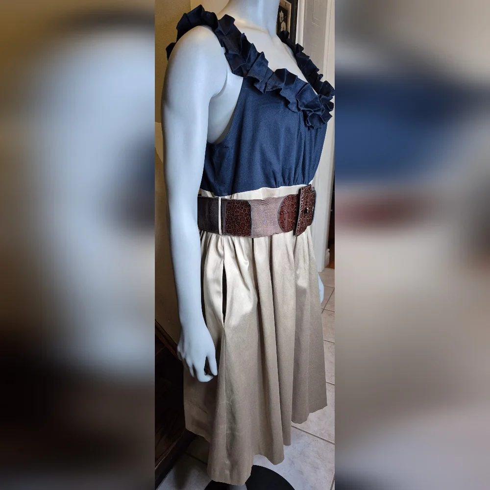 Jessica Howard Beige And Blue Dress, Croc-Embossed Belt - Picture 9 of 13